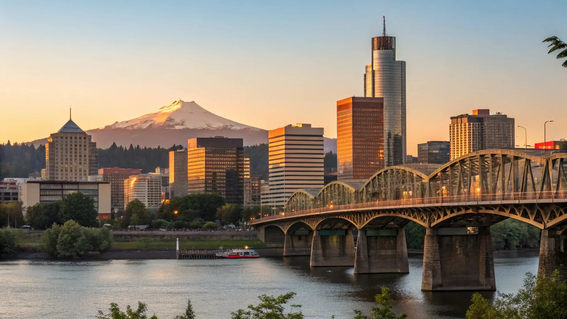 Portland Oregon skyline with Mount Hood and Burnside Bridge - Bridgetown Home Buyers