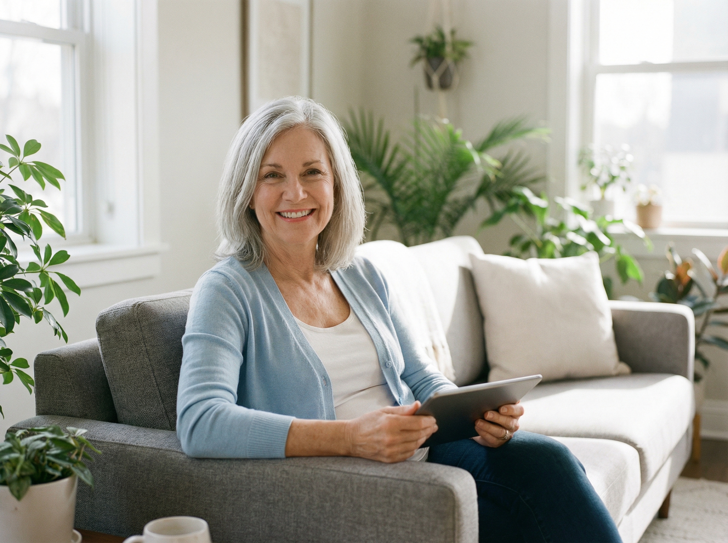 Professional woman in her 60s with tablet at home